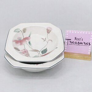 Mikasa CONTINENTAL SILK FLOWERS F3003 Octagonal Pink Floral Teal Soup Bowl Set 2
